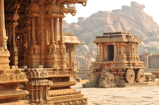Telephoto image of granite stone chariot on World UNESCO heritage sight.
