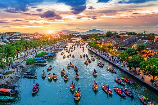 Aerial view of Hoi An ancient town at twilight, Vietnam.