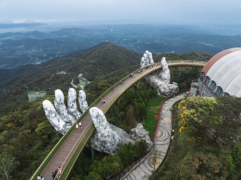 Aerial view of the Golden Bridge in Ba Na hills, Da Nang, Vietnam