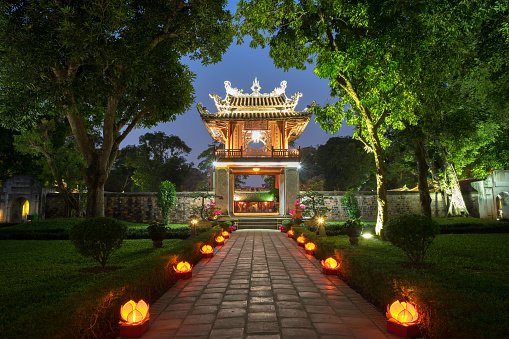 Khue Van Cac ( Stelae of Doctors ) in Temple of Literature ( Van Mieu ) at night. The temple hosts the "Imperial Academy", Vietnam's first national university, was built in 1070