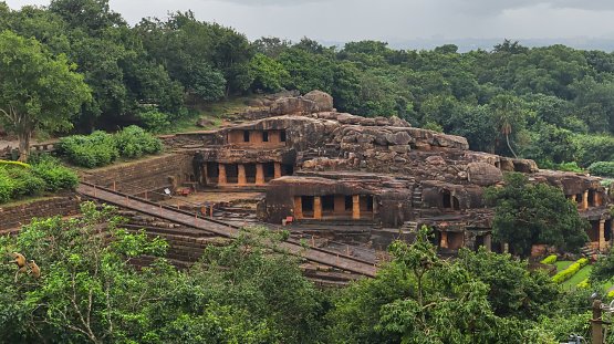 Long View of Udaygiri Caves from Khandagiri Caves, Bhubaneswar, Odisha, India.