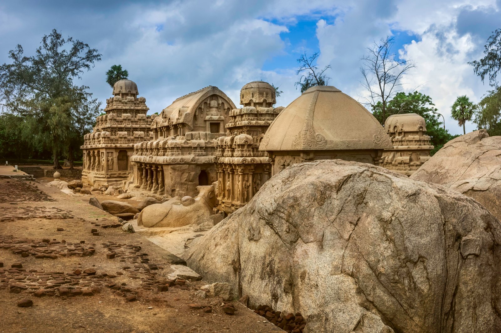 Mamallapuram, Tamil Nadu, India. Five Rathas, ancient monolithic stone carvings, photographed after a heavy rain storm in Mamallapuram, Tamil Nadu, India.