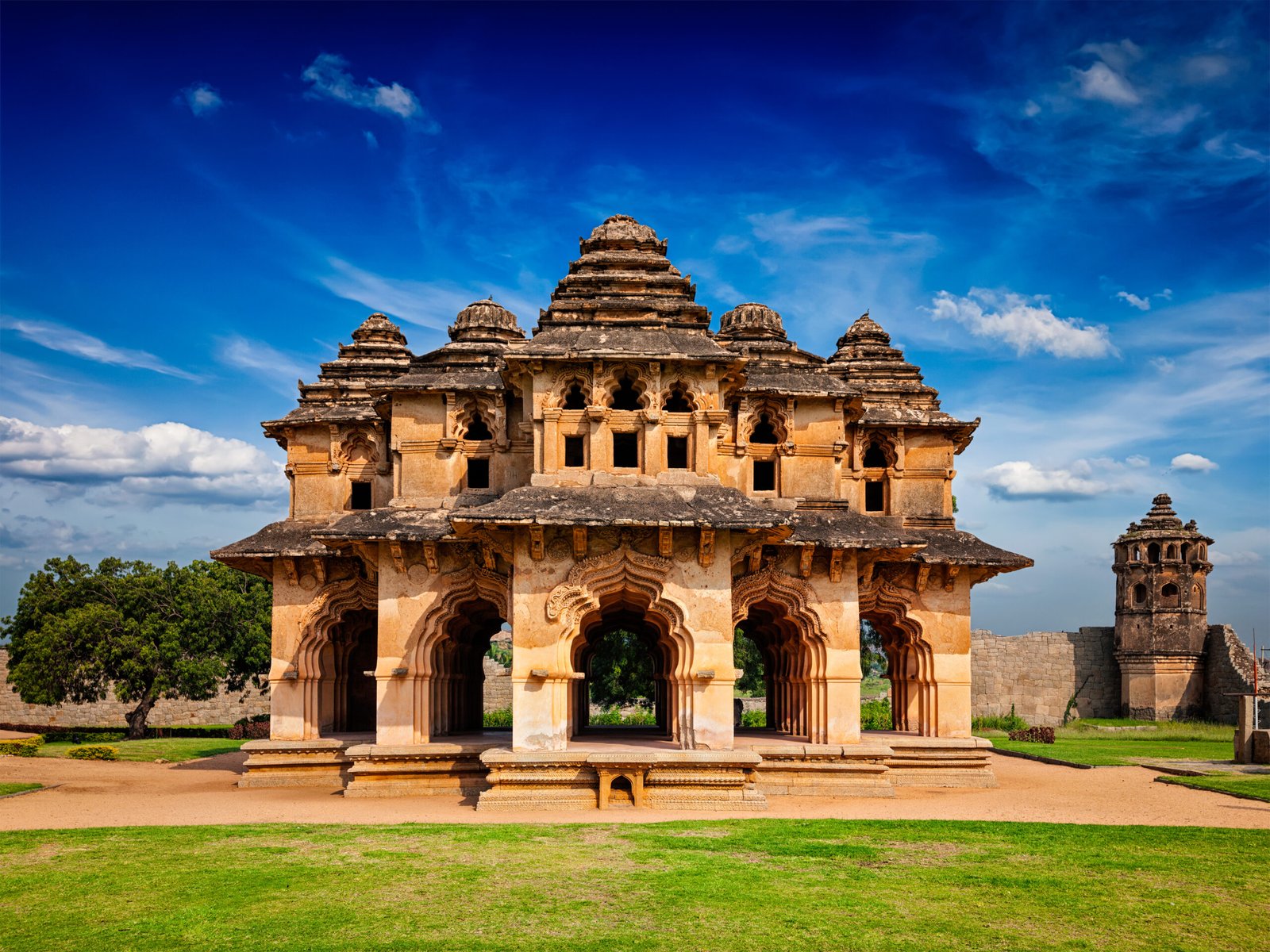Indian tourist landmark Lotus Mahal pavilion. Royal Centre. Hampi, Karnataka, India