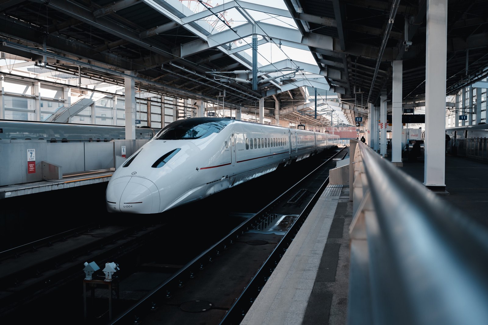 The beautifully designed Kyushu shinkansen at a station in Kyushu
